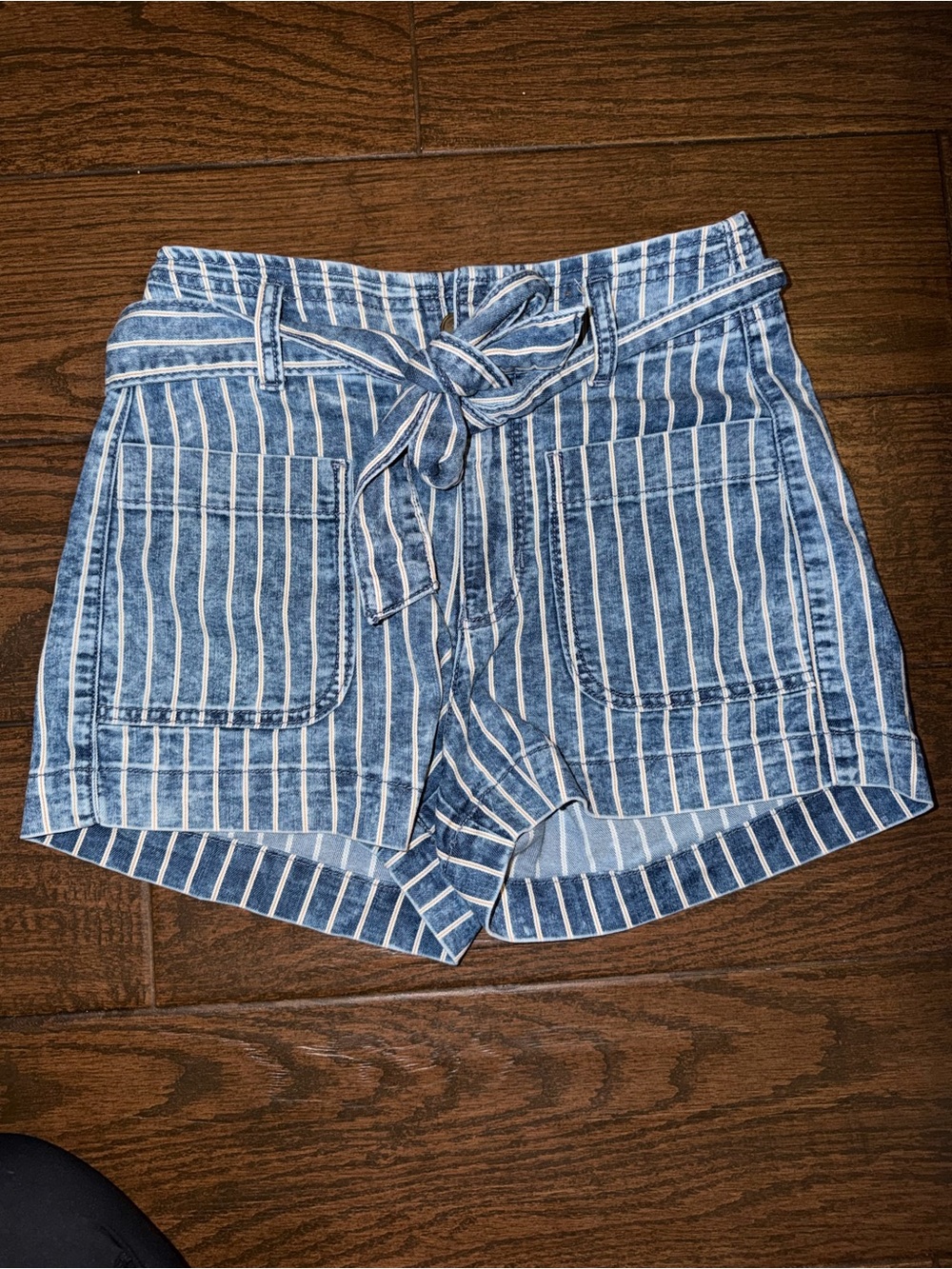 American Eagle Outfitters Blue and White Striped High-Waist Tie Shorts